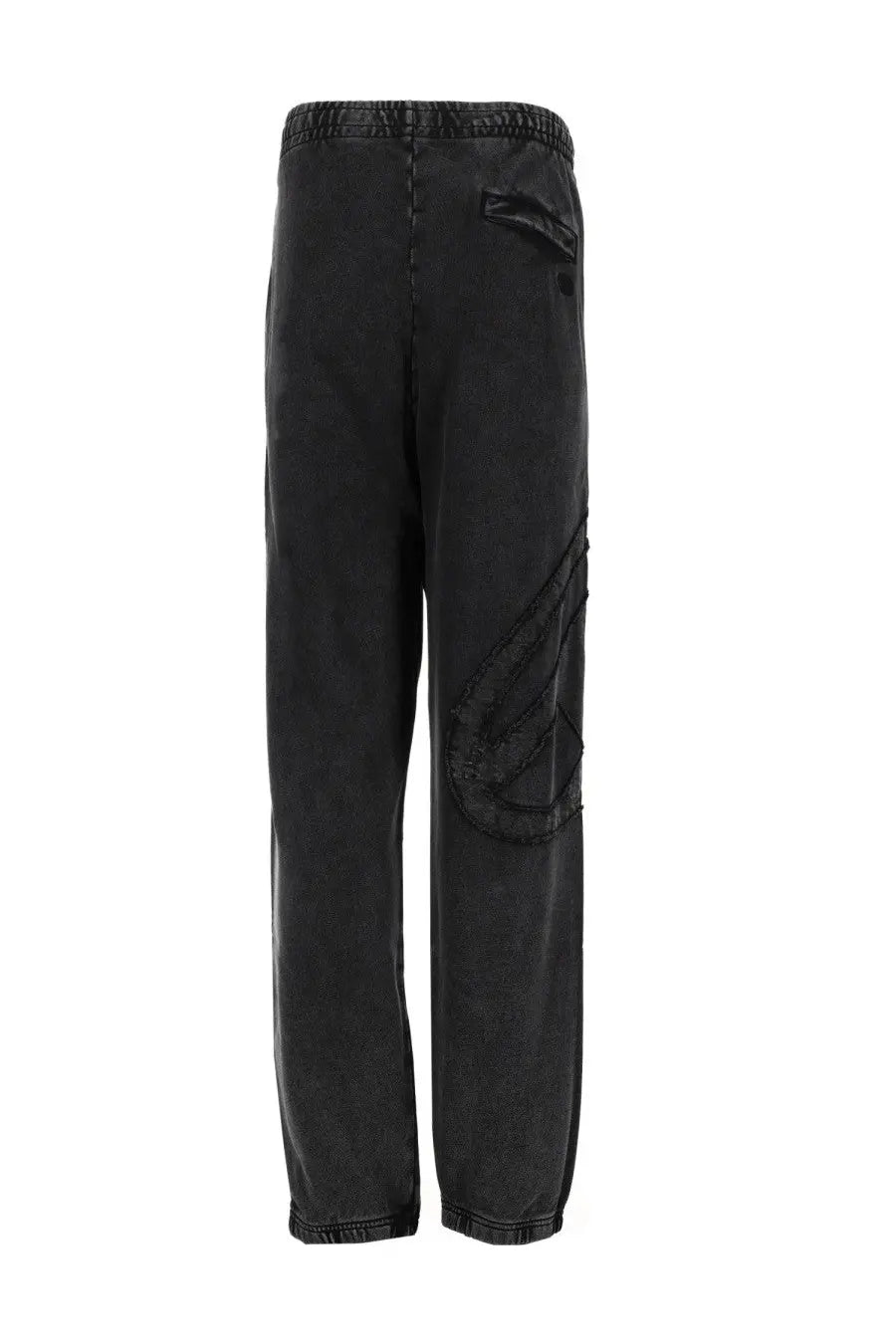 Diesel men’s Pantalone Marky Den grey black distressed denim joggers with relaxed fit and wing patchwork on thigh