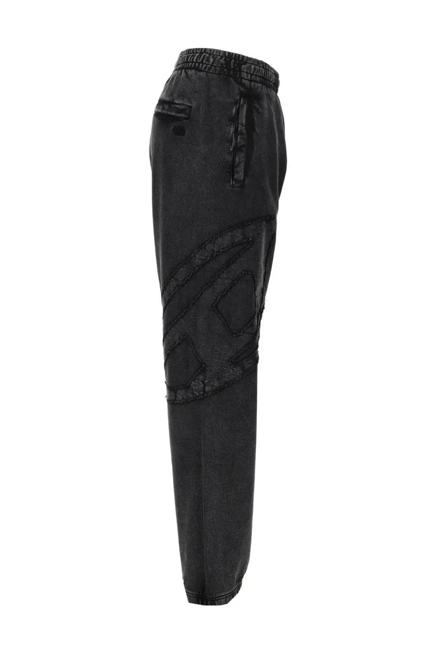 Diesel men’s pantalone Marky den grey black distressed denim joggers with bold asymmetrical patchwork on the thigh
