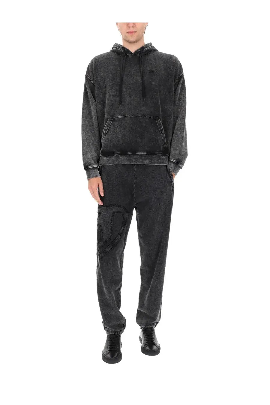 Black distressed hoodie with faded pattern and ribbed cuffs from diesel men’s pantalone marky den grey collection