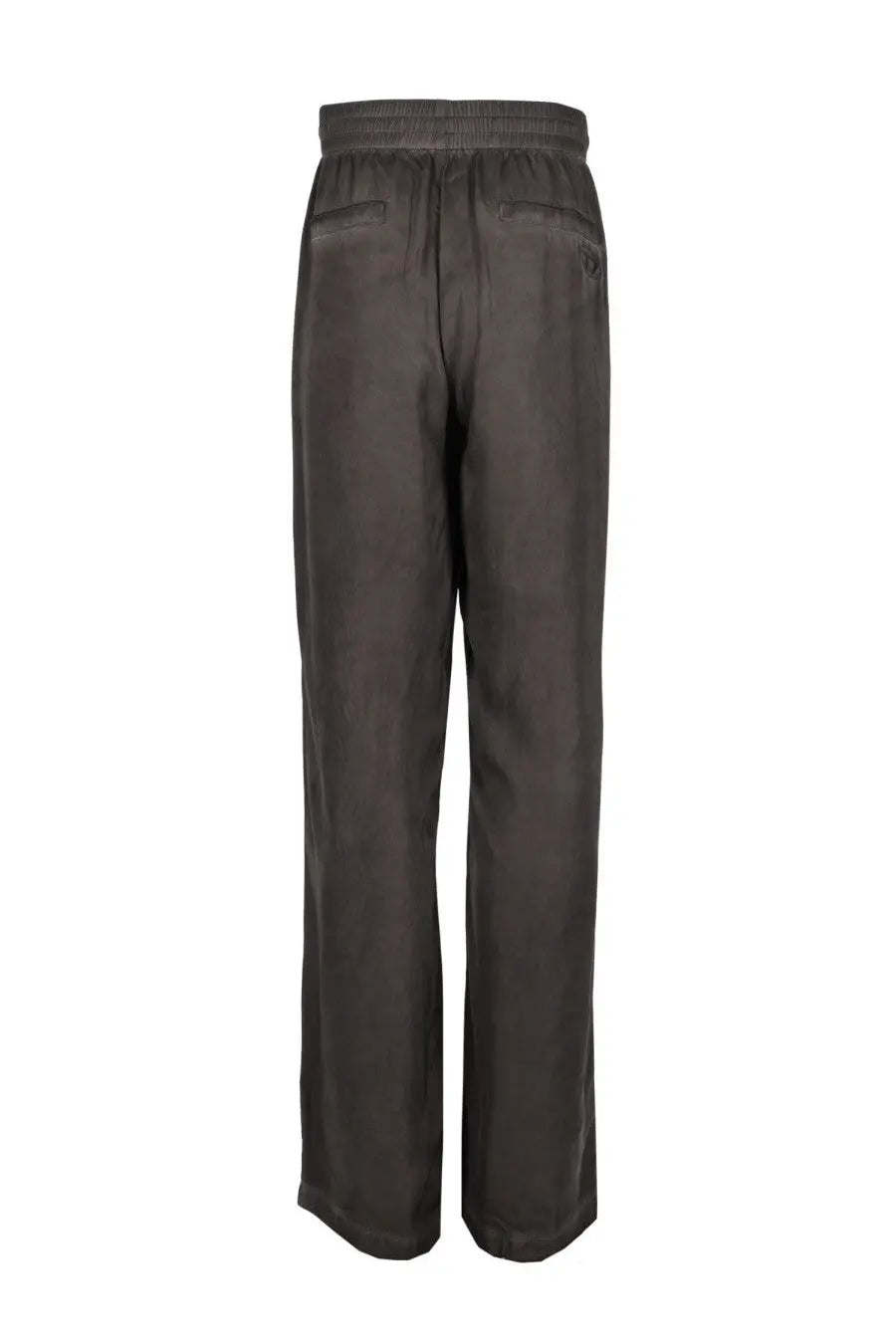 Dark gray wide-leg diesel men’s pantalone theck albg grey trousers with drawstring waistband and two back pockets, back side view