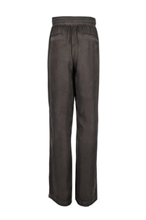 Dark gray wide-leg diesel men’s pantalone theck albg grey trousers with drawstring waistband and two back pockets, back side view