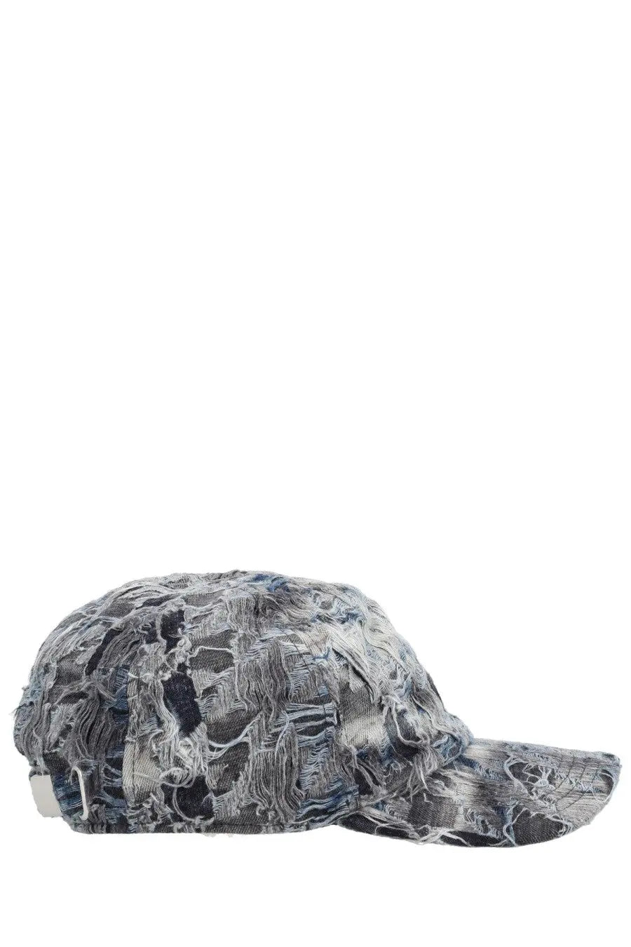Diesel men’s pied baseball cap in faded blue and gray distressed denim with frayed edges and vintage patches