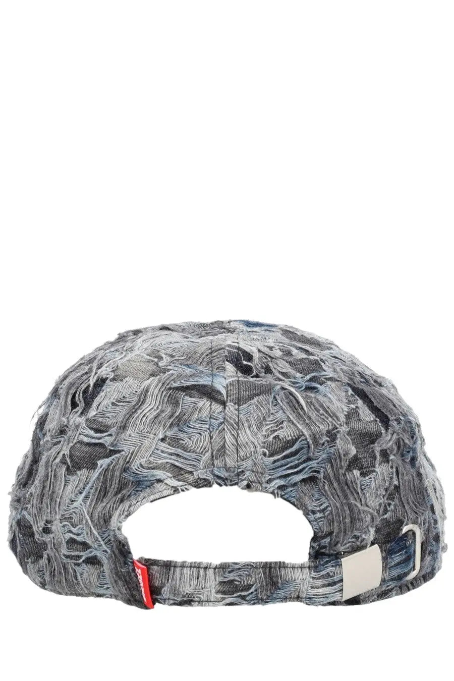 Diesel men’s pied baseball cap grey showing distressed denim with faded blue gray pattern and frayed edges back view
