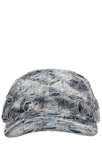 Diesel men’s pied baseball cap in grey with distressed denim fabric featuring frayed texture and faded blue-gray tones