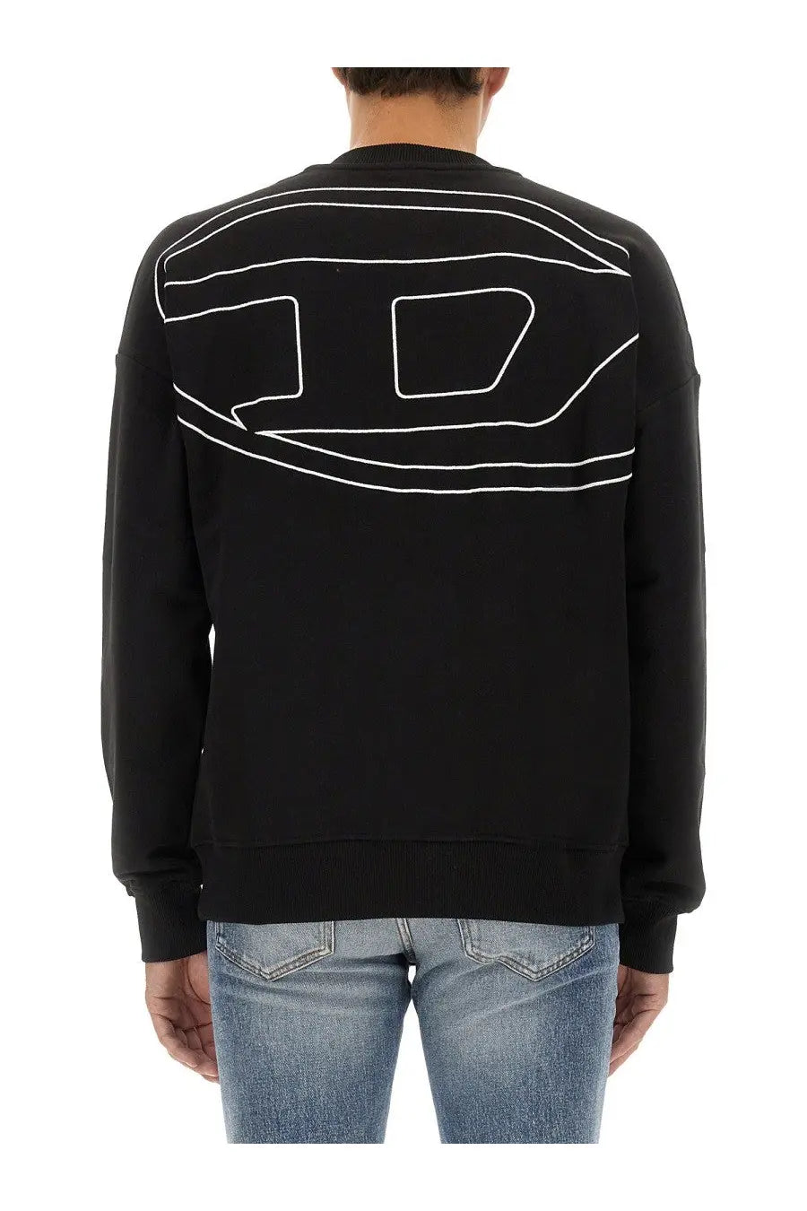 Black diesel men’s rob megoval sweatshirt showing the back with bold white embroidered logo on a soft fabric