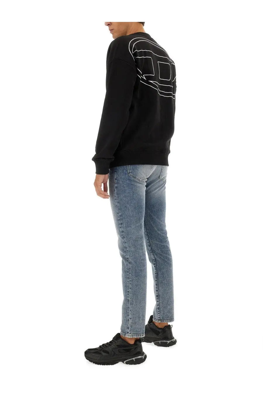 Black diesel men’s rob megoval sweatshirt back view with bold white geometric logo on long-sleeved cotton fabric