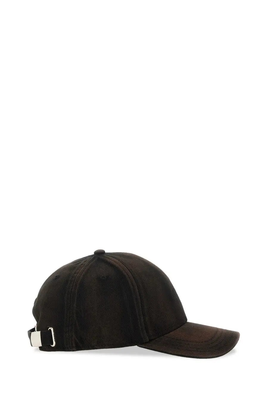 Black corduroy baseball cap with white plastic buckle on adjustable strap shown from the back for diesel men