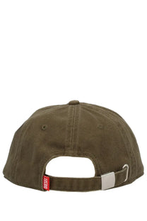 Diesel men’s run wash olive green corduroy baseball cap with red brand tag and silver metal buckle at the back