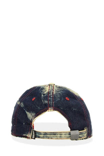 Diesel men’s Seymon baseball cap in faded blue and white distressed denim with red stitching and gray plastic buckle back view