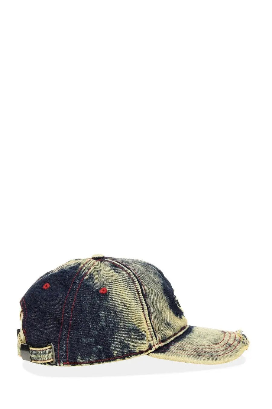 Diesel men’s seymon distressed denim baseball cap with faded blue and beige wash red stitching and black adjustable strap