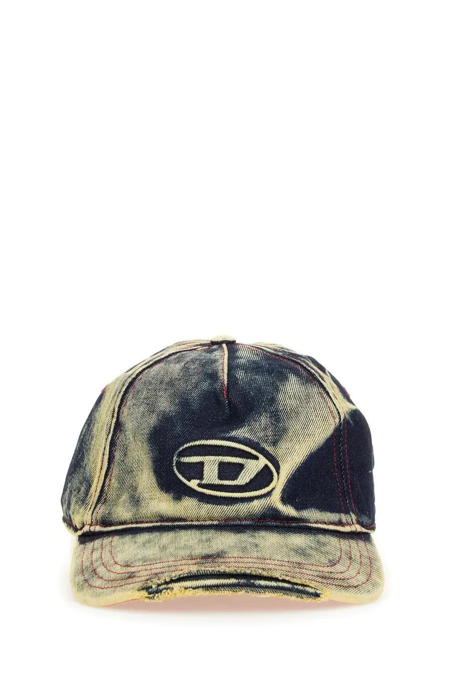 Diesel men’s Seymon baseball cap in distressed denim with faded two-tone wash and embroidered black oval logo with white d