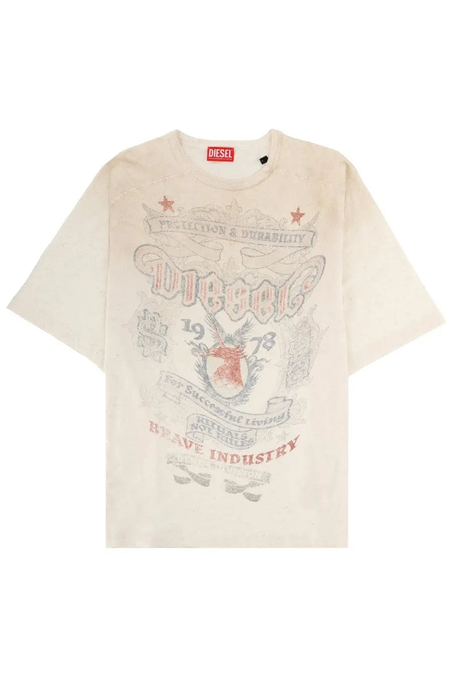 Off-white diesel men’s t-shirt alecy beige featuring a faded vintage-style graphic with red and gray accents