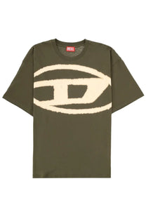 Diesel men’s olive green cotton t-shirt with a large cream embroidered logo across the chest for casual wear