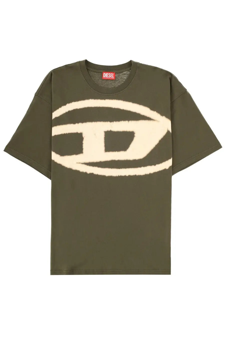 Olive green diesel men’s t-shirt with a large cream-colored embroidered logo across the chest in cotton material