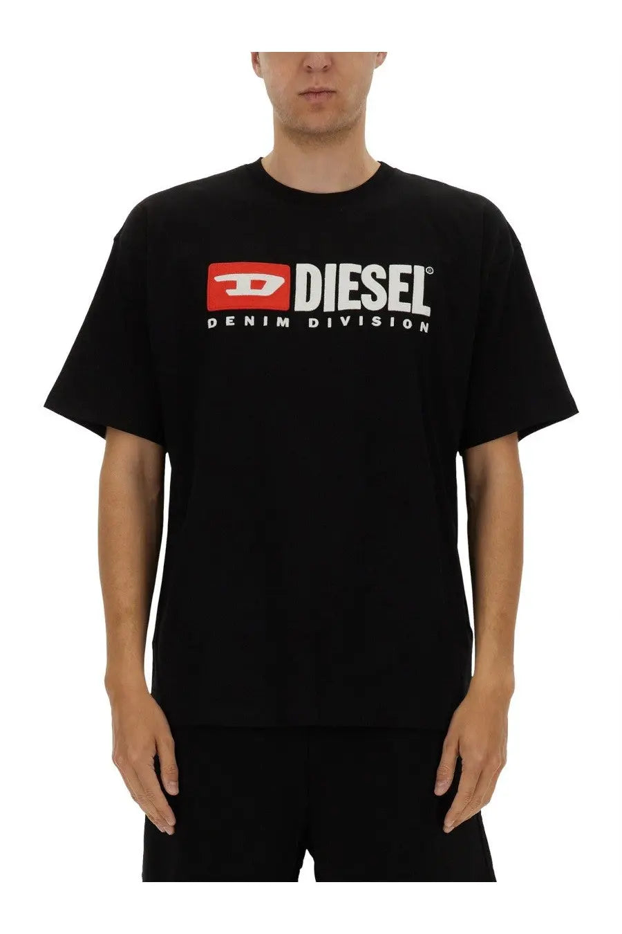 Diesel men’s black diesel denim division t-shirt with bold red and white logo across the chest