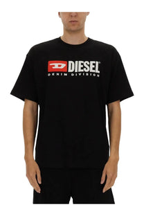 Diesel men’s black diesel denim division t-shirt with bold red and white logo across the chest