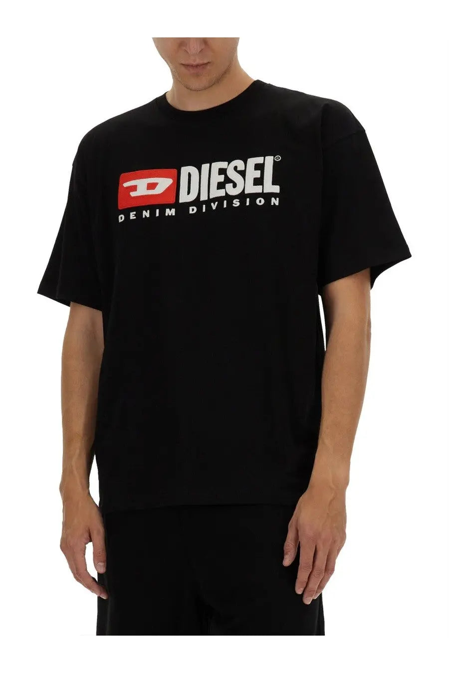Diesel men’s black diesel denim division t-shirt with bold white and red logo across the chest