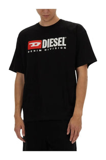 Diesel men’s black diesel denim division t-shirt with bold white and red logo across the chest