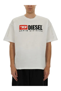 Diesel mens white diesel denim division t-shirt with bold red and black logo across the chest