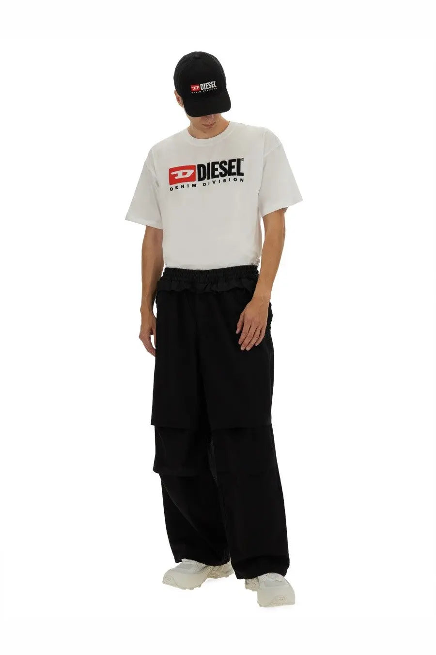 Diesel men’s white denim division t-shirt with bold red and black logo on the chest in cotton fabric