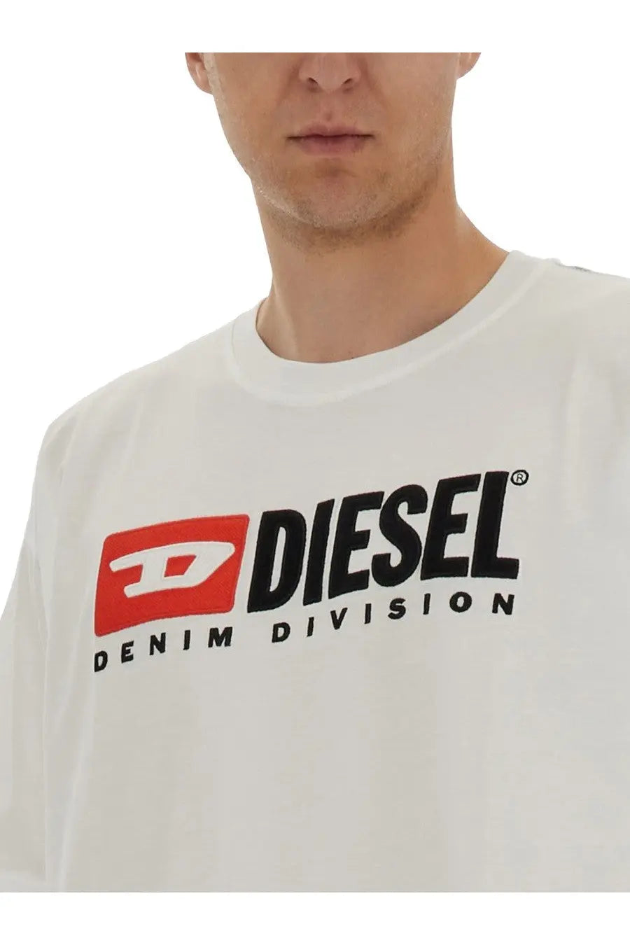 Diesel men’s white diesel denim division t-shirt with bold black and red logo across the chest