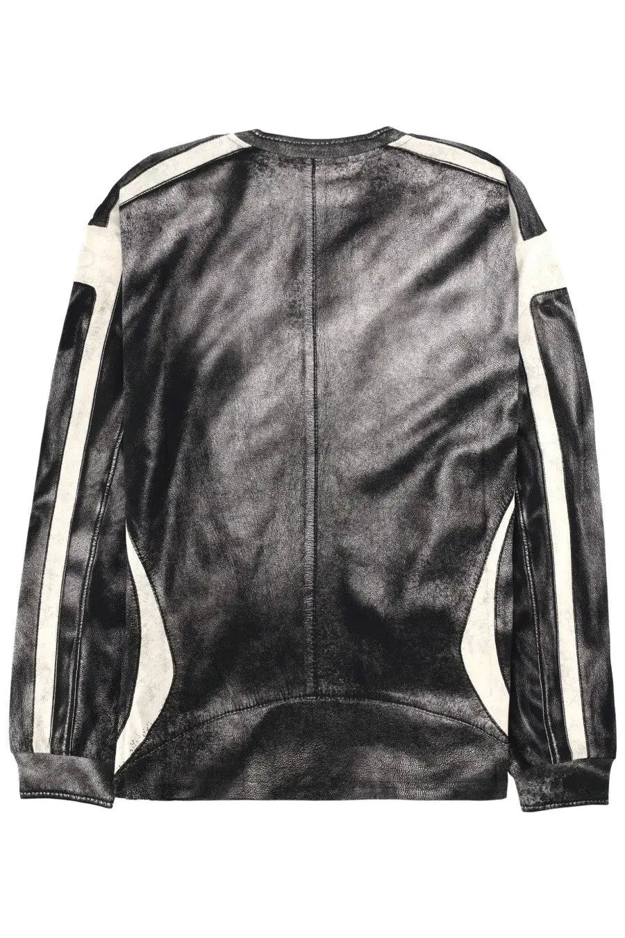Diesel men’s black leather jacket with white stripe accents down sleeves and shoulders for stylish outerwear