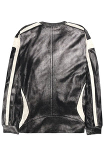 Diesel men’s black leather jacket with white stripe accents down sleeves and shoulders for stylish outerwear