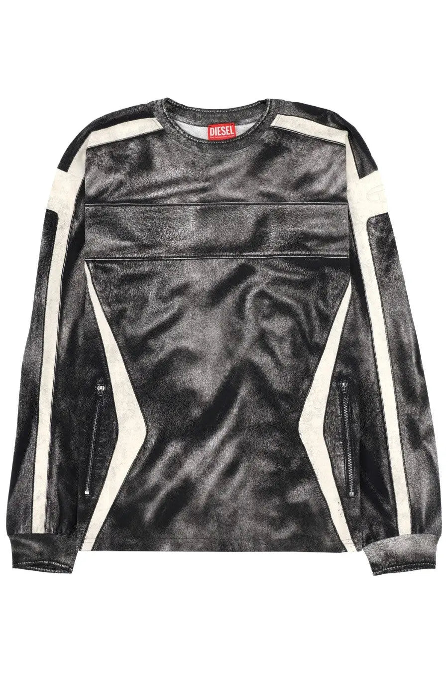Diesel men’s black leather jacket with bold white diagonal stripes and zipped side pockets for casual wear