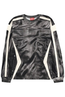 Diesel men’s black leather jacket with bold white diagonal stripes and zipped side pockets for casual wear