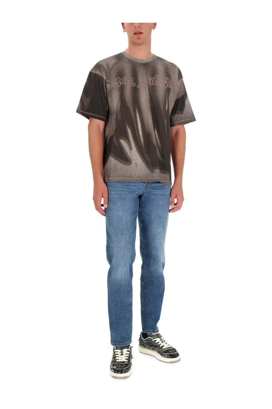 Diesel men’s grey tie-dye cotton t-shirt with black accents and faded logo across the chest for casual wear