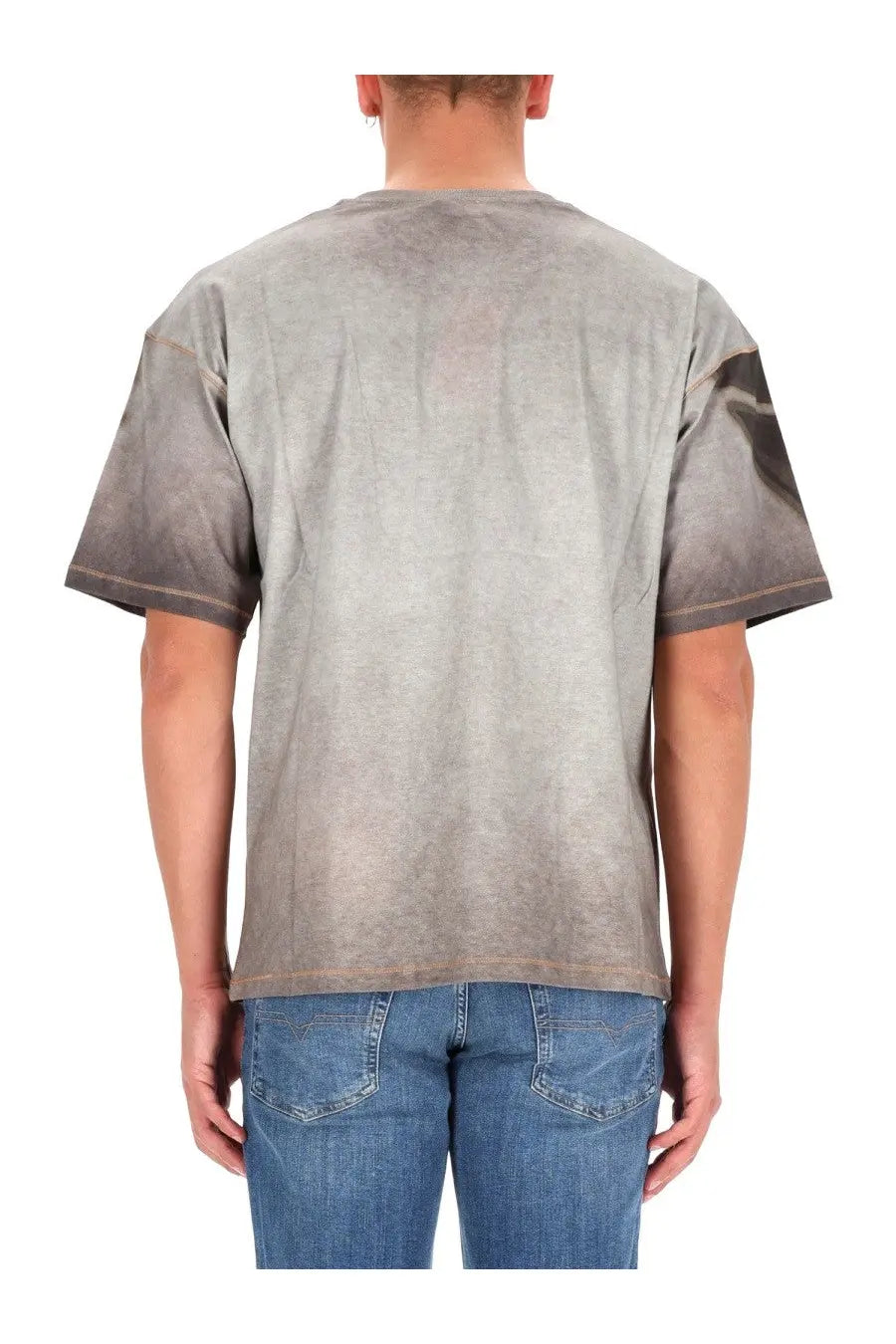 Diesel men’s gray gradient t-shirt with faded distressed look and contrasting dark sleeves for casual wear