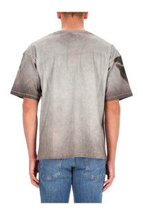 Diesel men’s gray gradient t-shirt with faded distressed look and contrasting dark sleeves for casual wear