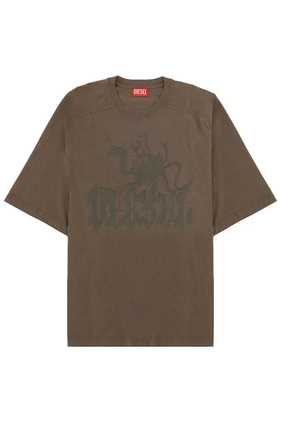 Olive green diesel men’s t-shirt jussi con brown with faded dark olive graphic print of brand name and stylized creature