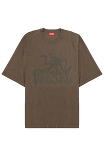 Olive green diesel men’s t-shirt jussi con brown with faded dark olive graphic print of brand name and stylized creature