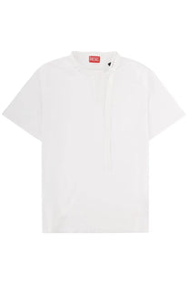 Diesel men’s white short-sleeved cotton t-shirt with a distinctive asymmetrical front tie detail