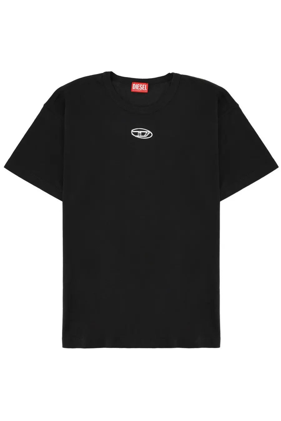 Diesel men’s black t-shirt with small white embroidered logo on chest and red brand tag at neckline