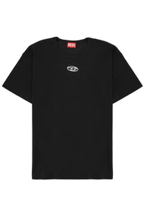 Diesel men’s black t-shirt with small white embroidered logo on chest and red brand tag at neckline