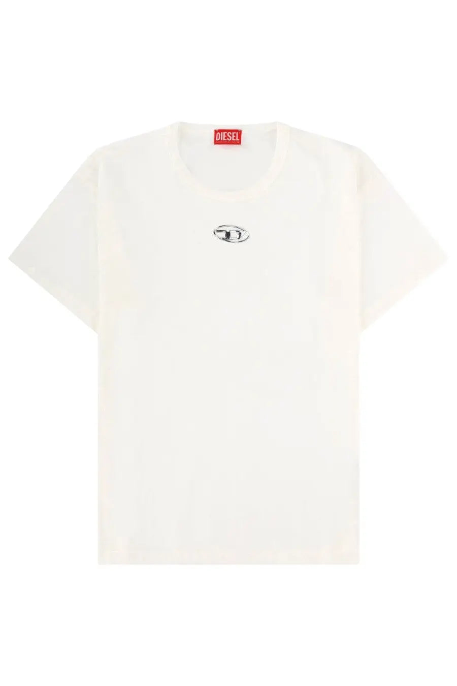 Diesel men’s white Norm Iod shirt with small black embroidered logo on chest and red brand tag at neckline
