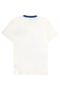 Diesel men’s white short-sleeved t-shirt with navy blue ribbed crew neck made of soft cotton material