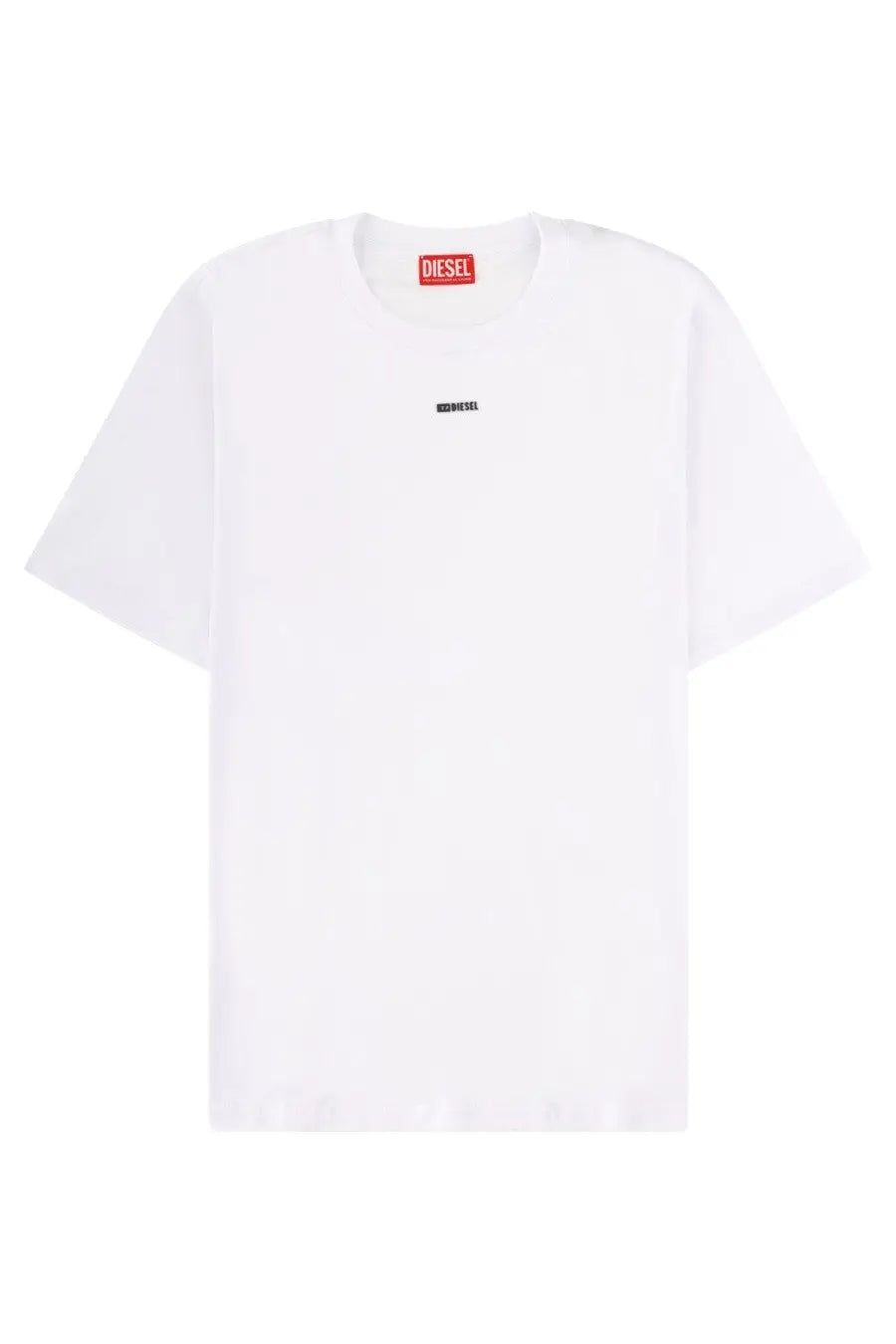 Diesel men’s white t-shirt made of soft cotton with black diesel lettering on chest and red brand tag at collar