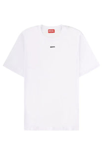 Diesel men’s white t-shirt with black diesel lettering on the chest and a red brand tag at the collar
