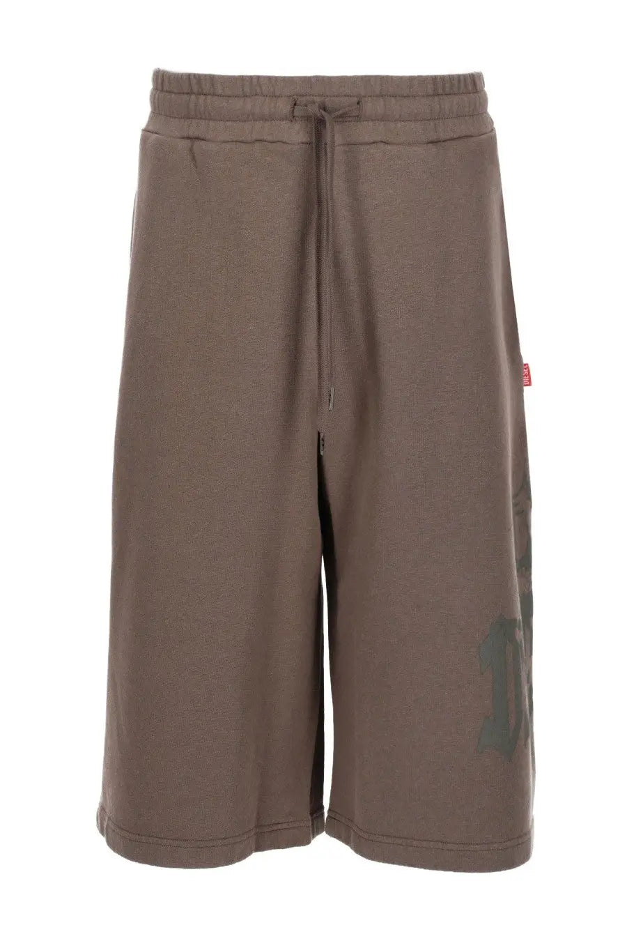 Diesel men’s brown sweatshorts with elastic waistband drawstring and faded dark gray number 1 graphic on left leg