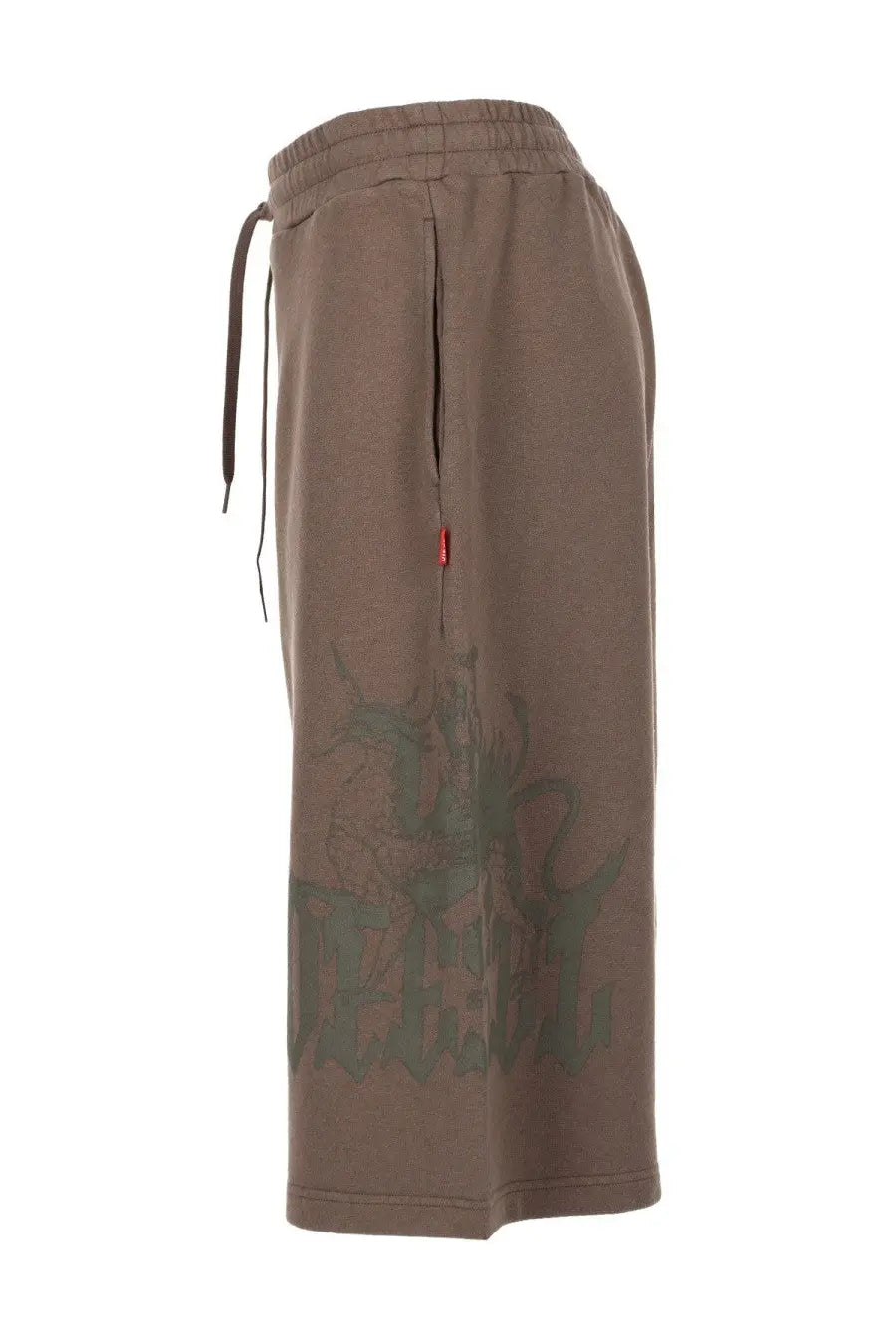 Diesel men’s brown sweatshorts with faded green dee graphic and red tag on side seam from con stampa collection