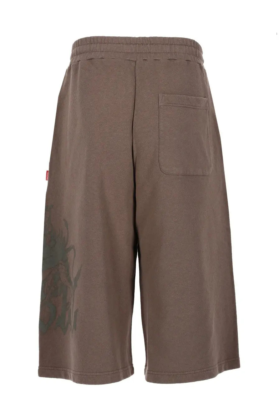 Diesel men’s sweatshorts in brown with elastic waistband and subtle green plant graphic on the left leg