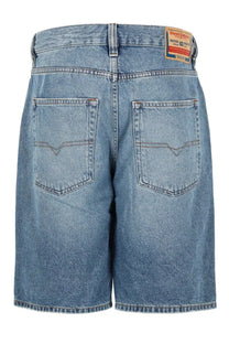 Back view of diesel men’s shorts in denim blue featuring classic five-pocket design and diesel label on waistband