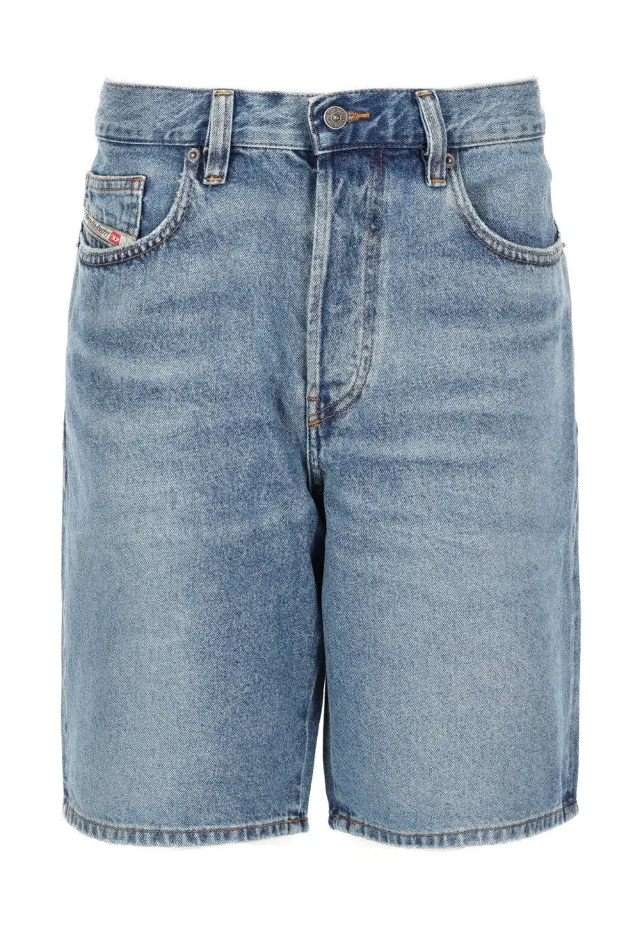Diesel men’s light-wash denim blue shorts with classic five-pocket design and visible brand patch on front pocket