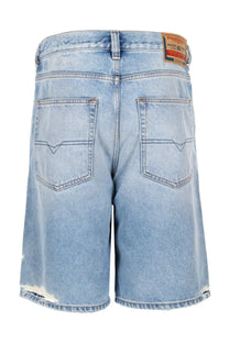 Back view of diesel men’s denim blue light-wash shorts with distressed frayed hem and branded back pockets