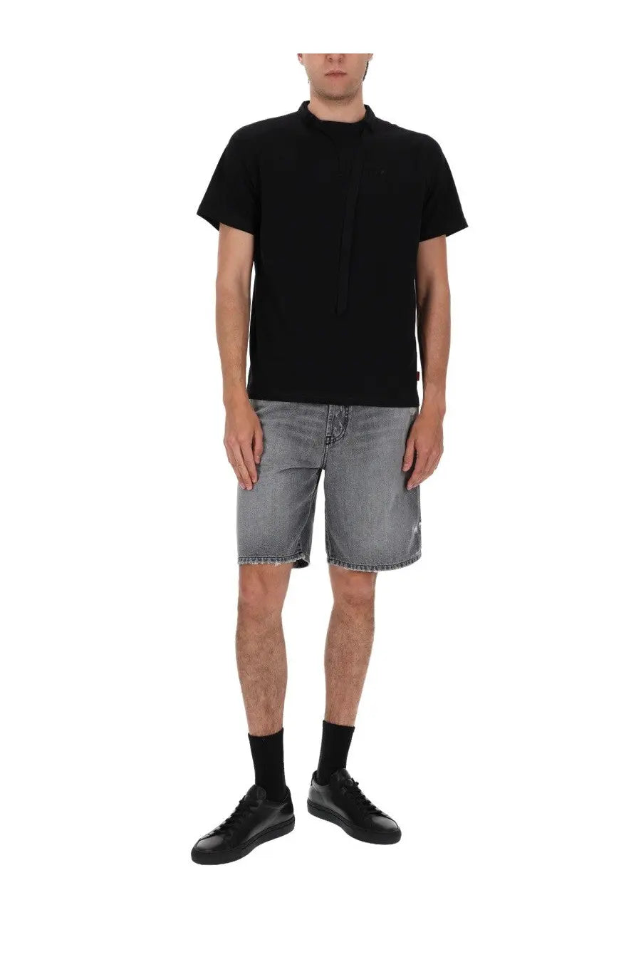 Diesel men’s denim grey shorts with black short-sleeved t-shirt high neckline and subtle front pocket detail