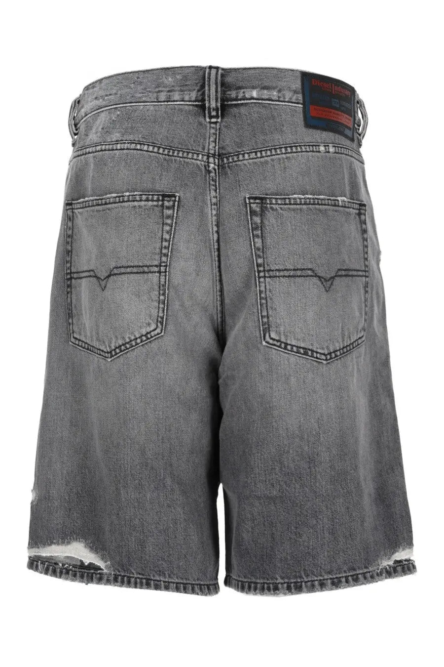 Back view of diesel men’s denim grey distressed shorts with frayed hem and black label on back pockets