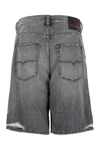 Back view of diesel men’s denim grey distressed shorts with frayed hem and black label on back pockets